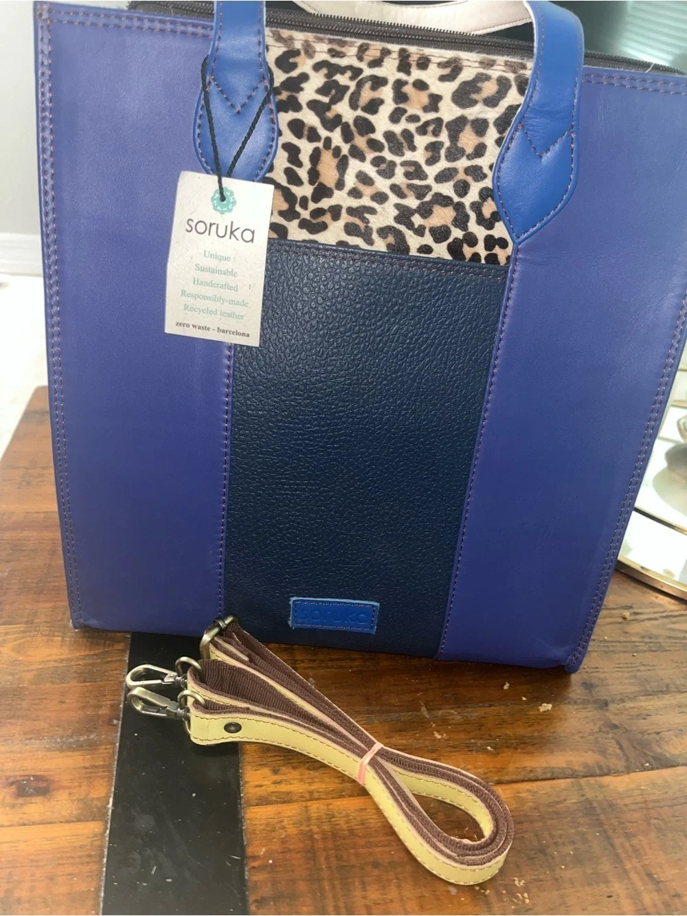 Soruka Blue Leather Tote with Leopard Accent Panel